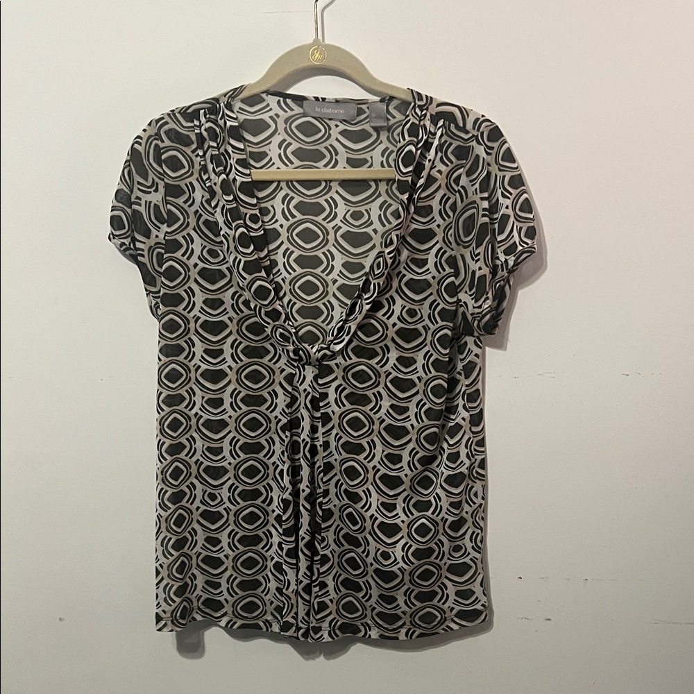 Liz Claiborne Shear Top Large Retro Mod Geometric Knot Front Blouse Y2K